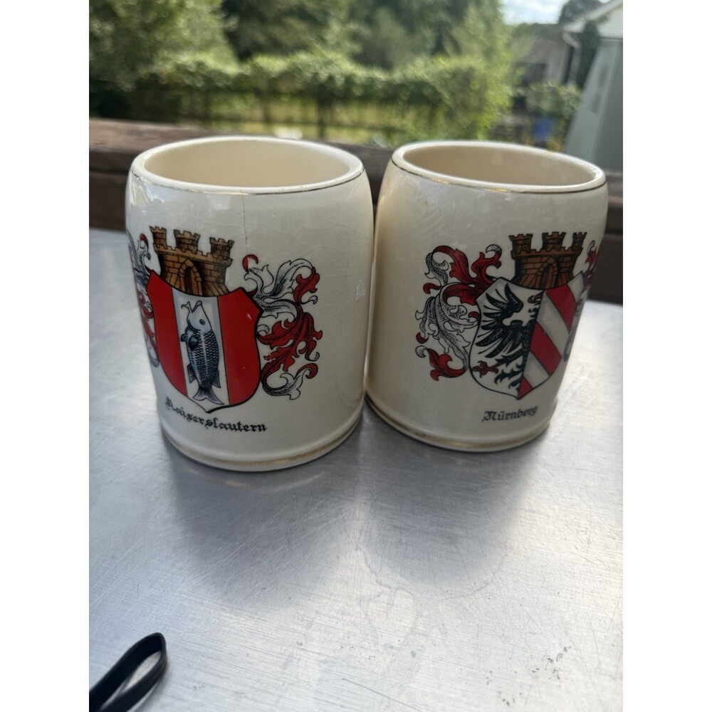 Vintage A Wilhelm German Beer Steins Hand Painted Heraldic Coat of Arms Set of 2